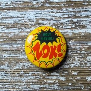 Vintage 1966 Holy Ravioli Zok! Batman Pinback Button 1 Inch Comic Pop Art Yellow